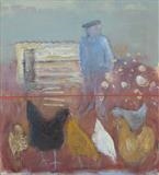 un homme et ses poules by Jeremy Scrine, Painting, Oil on canvas